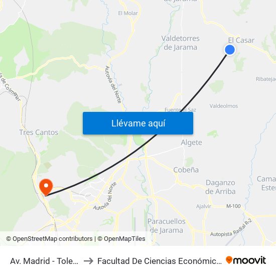 Av. Madrid - Toledo, El Casar to Facultad De Ciencias Económicas Y Empresariales map