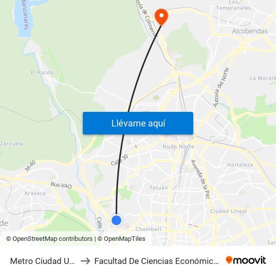 Metro Ciudad Universitaria to Facultad De Ciencias Económicas Y Empresariales map