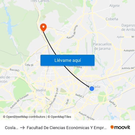 Coslada to Facultad De Ciencias Económicas Y Empresariales map