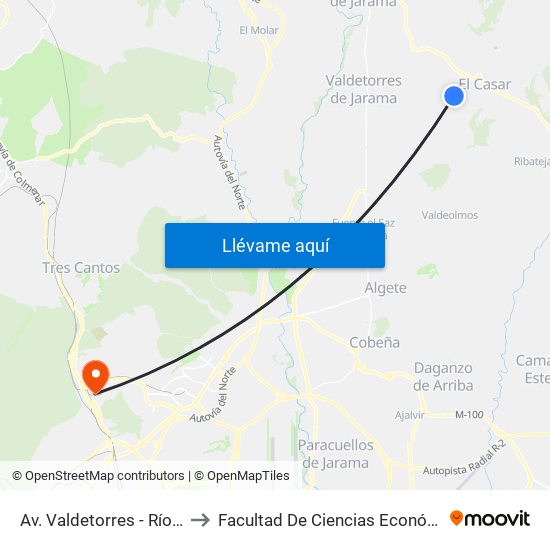 Av. Valdetorres - Río Lozoya, El Casar to Facultad De Ciencias Económicas Y Empresariales map