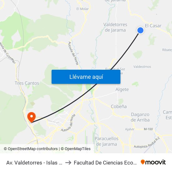 Av. Valdetorres - Islas Columbretes, El Casar to Facultad De Ciencias Económicas Y Empresariales map