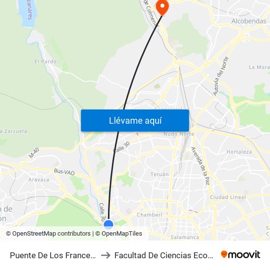 Puente De Los Franceses - Clínica Moncloa to Facultad De Ciencias Económicas Y Empresariales map