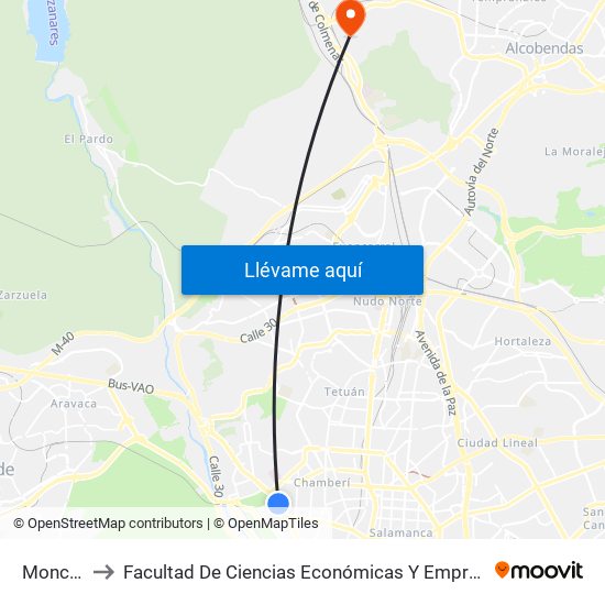 Moncloa to Facultad De Ciencias Económicas Y Empresariales map