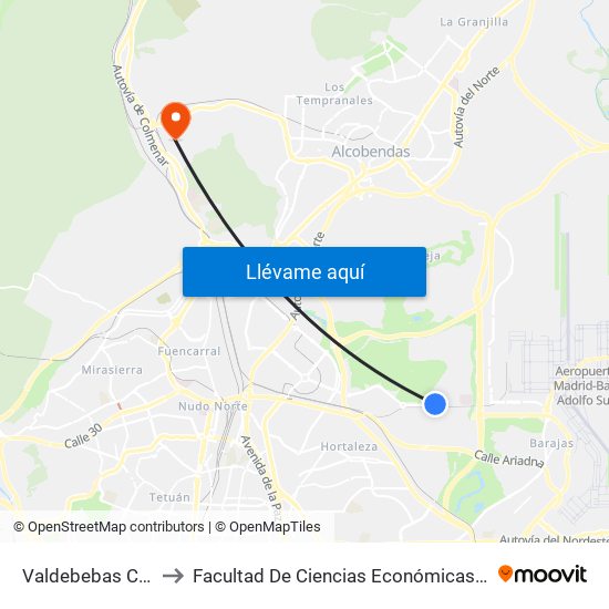 Valdebebas Cercanías to Facultad De Ciencias Económicas Y Empresariales map
