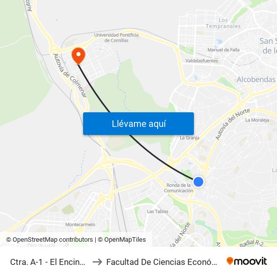 Ctra. A-1 - El Encinar De Los Reyes to Facultad De Ciencias Económicas Y Empresariales map