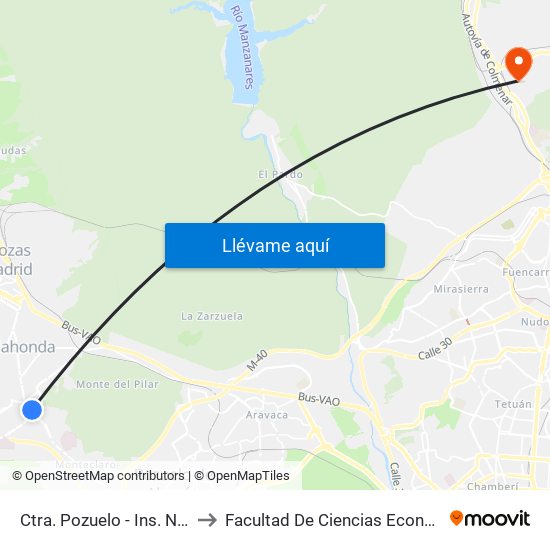 Ctra. Pozuelo - Ins. Nacional De Sanidad to Facultad De Ciencias Económicas Y Empresariales map