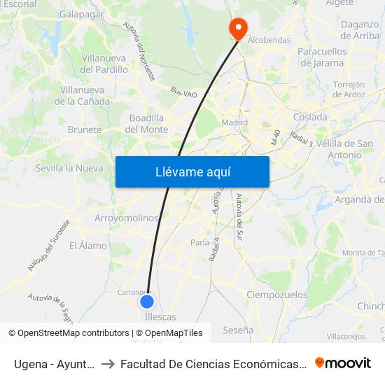 Ugena - Ayuntamiento to Facultad De Ciencias Económicas Y Empresariales map