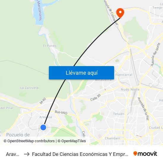 Aravaca to Facultad De Ciencias Económicas Y Empresariales map
