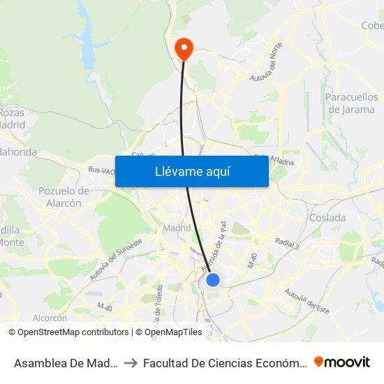 Asamblea De Madrid - Entrevías to Facultad De Ciencias Económicas Y Empresariales map