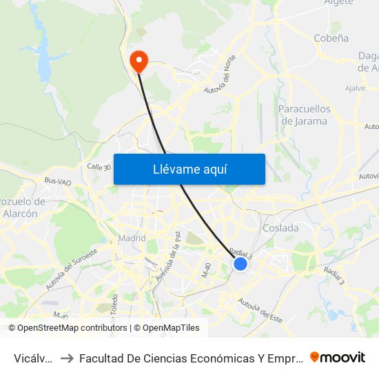 Vicálvaro to Facultad De Ciencias Económicas Y Empresariales map
