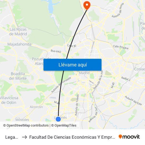 Leganés to Facultad De Ciencias Económicas Y Empresariales map