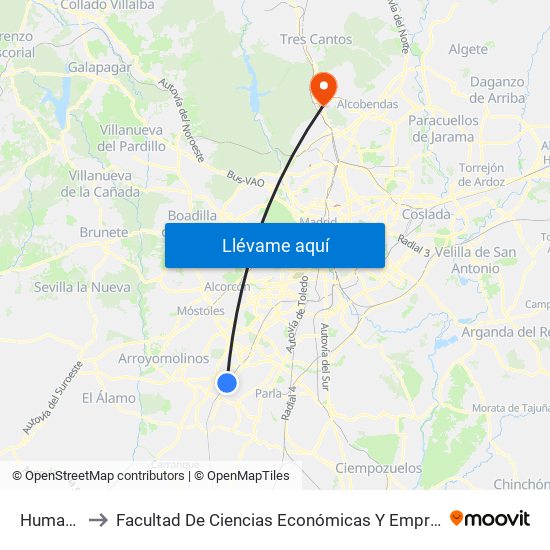 Humanes to Facultad De Ciencias Económicas Y Empresariales map
