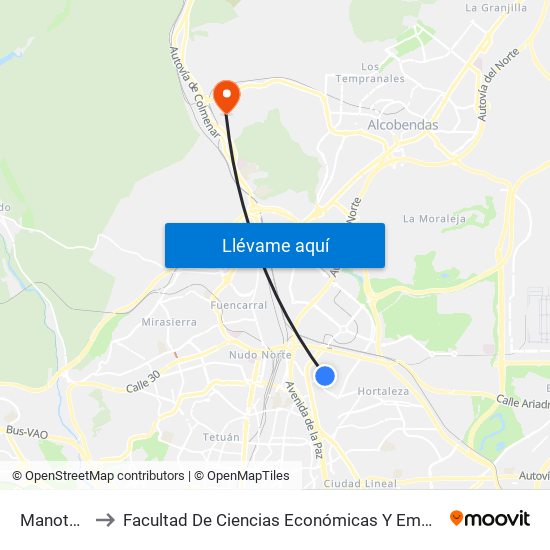 Manoteras to Facultad De Ciencias Económicas Y Empresariales map