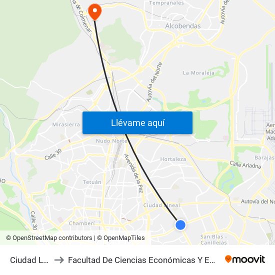 Ciudad Lineal to Facultad De Ciencias Económicas Y Empresariales map