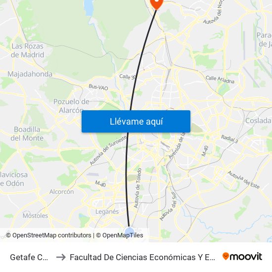 Getafe Central to Facultad De Ciencias Económicas Y Empresariales map