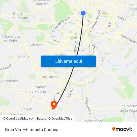 Gran Vía to Infanta Cristina map