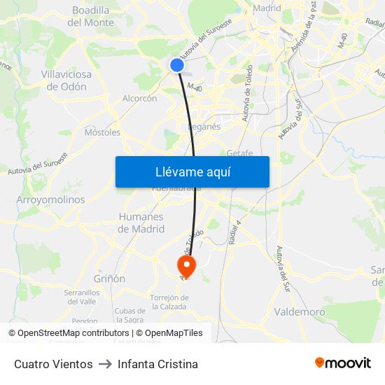 Cuatro Vientos to Infanta Cristina map