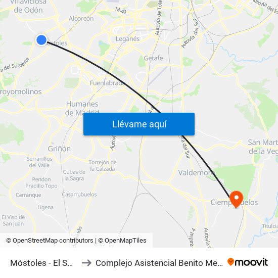 Móstoles - El Soto to Complejo Asistencial Benito Menni map