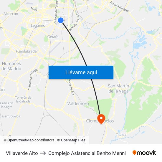 Villaverde Alto to Complejo Asistencial Benito Menni map