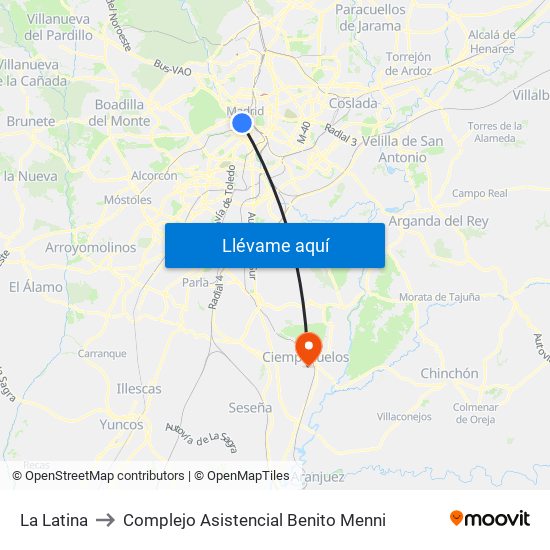 La Latina to Complejo Asistencial Benito Menni map