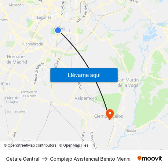 Getafe Central to Complejo Asistencial Benito Menni map