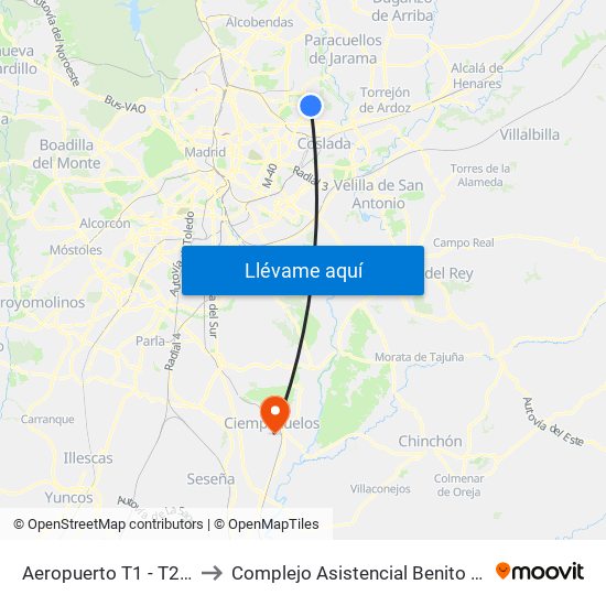 Aeropuerto T1 - T2 - T3 to Complejo Asistencial Benito Menni map