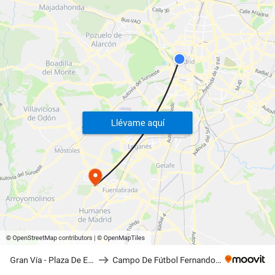 Gran Vía - Plaza De España to Campo De Fútbol Fernando Torres map