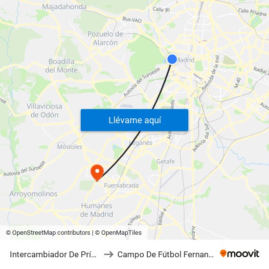Intercambiador De Príncipe Pío to Campo De Fútbol Fernando Torres map