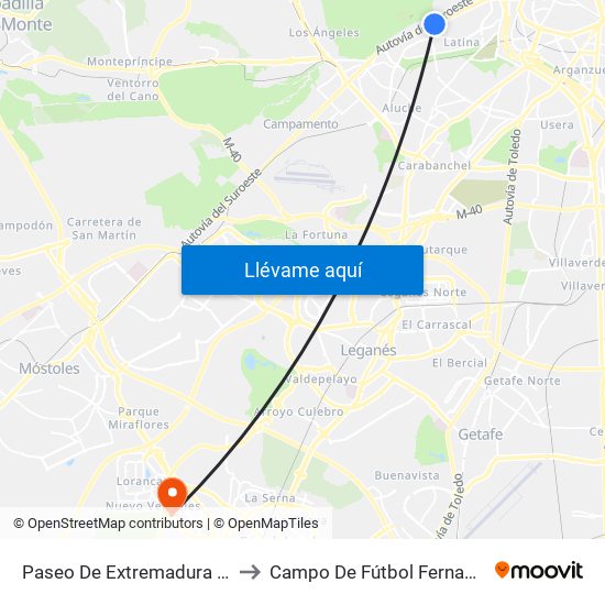Paseo De Extremadura - El Greco to Campo De Fútbol Fernando Torres map