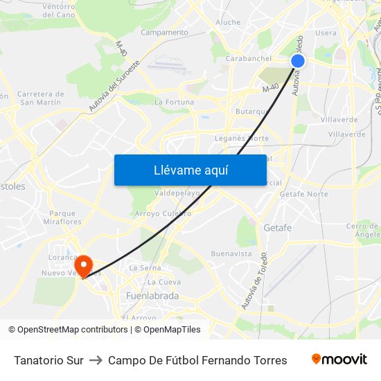 Tanatorio Sur to Campo De Fútbol Fernando Torres map