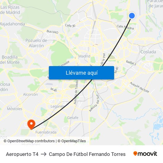 Aeropuerto T4 to Campo De Fútbol Fernando Torres map