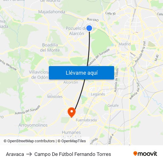 Aravaca to Campo De Fútbol Fernando Torres map