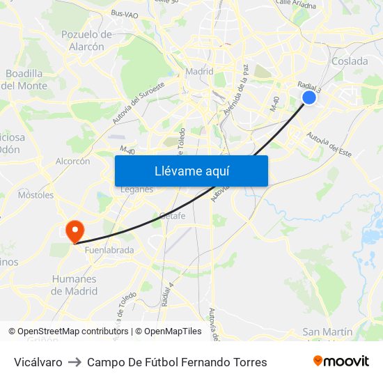 Vicálvaro to Campo De Fútbol Fernando Torres map
