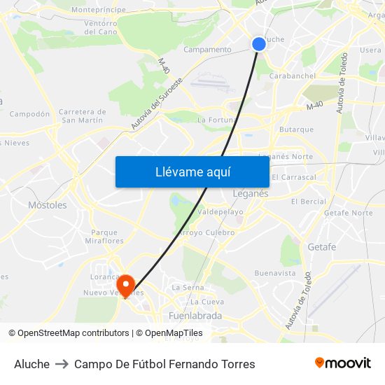 Aluche to Campo De Fútbol Fernando Torres map