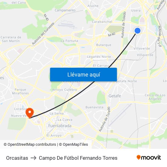 Orcasitas to Campo De Fútbol Fernando Torres map