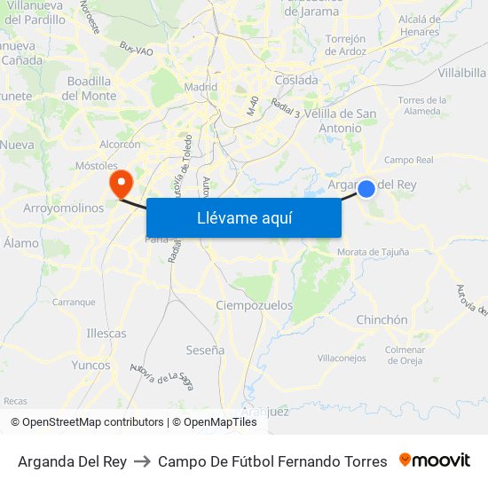 Arganda Del Rey to Campo De Fútbol Fernando Torres map
