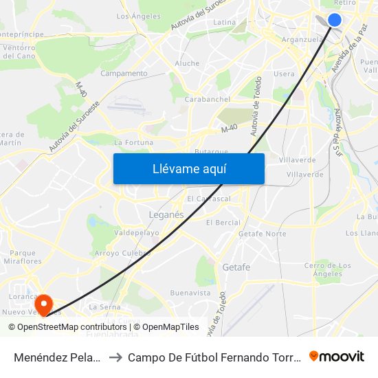 Menéndez Pelayo to Campo De Fútbol Fernando Torres map