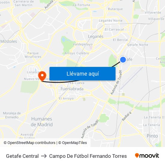 Getafe Central to Campo De Fútbol Fernando Torres map