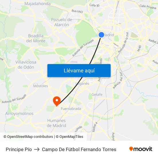 Príncipe Pío to Campo De Fútbol Fernando Torres map