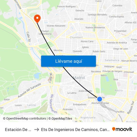 Estación De Atocha to Ets De Ingenieros De Caminos, Canales Y Puertos map