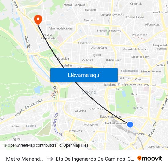 Metro Menéndez Pelayo to Ets De Ingenieros De Caminos, Canales Y Puertos map