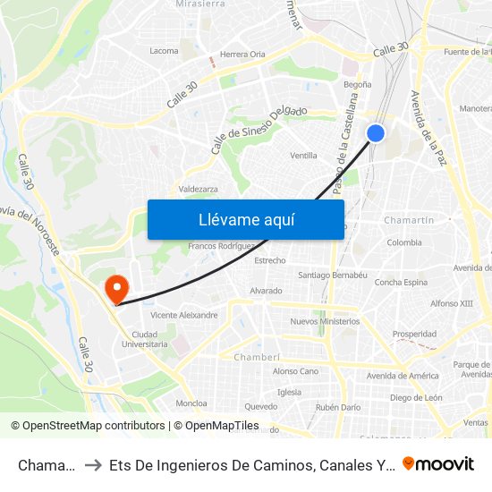 Chamartín to Ets De Ingenieros De Caminos, Canales Y Puertos map