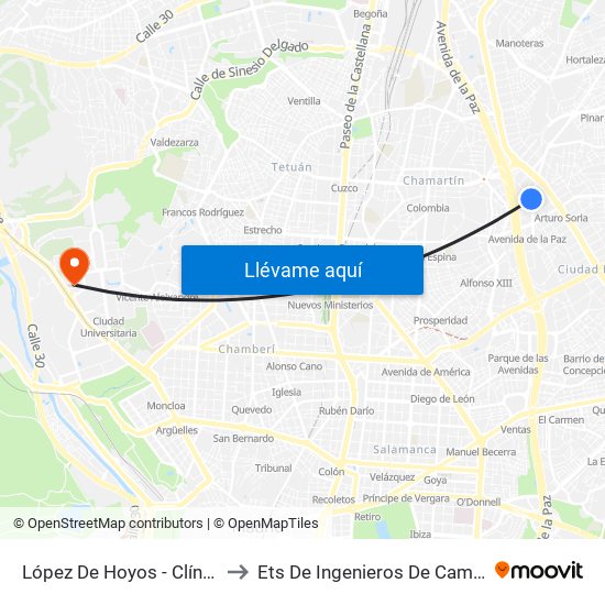 López De Hoyos - Clínica San Juan De Dios to Ets De Ingenieros De Caminos, Canales Y Puertos map