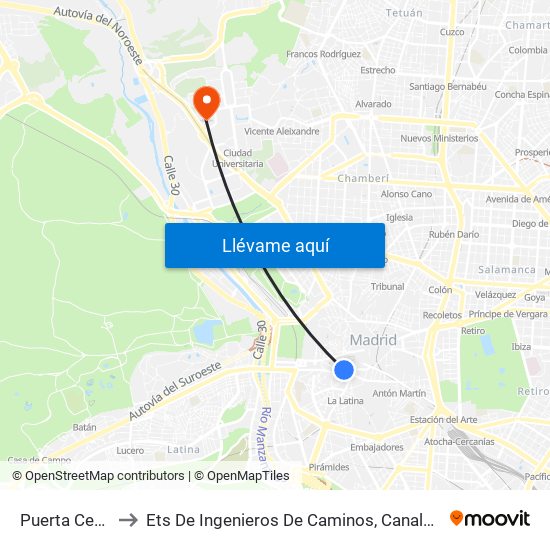 Puerta Cerrada to Ets De Ingenieros De Caminos, Canales Y Puertos map