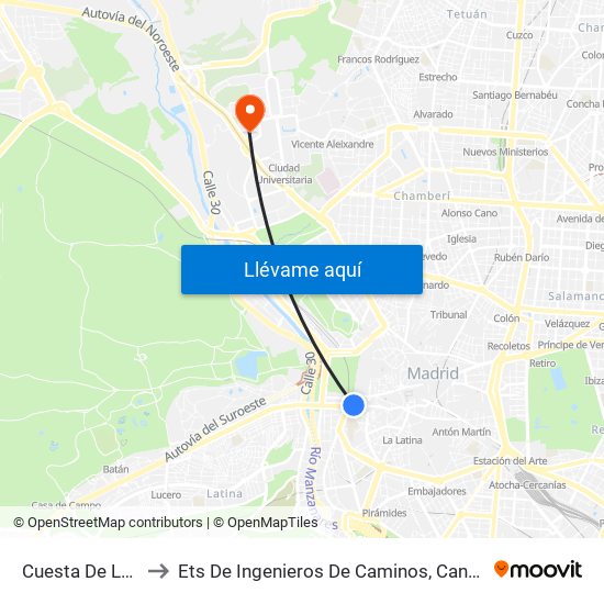 Cuesta De La Vega to Ets De Ingenieros De Caminos, Canales Y Puertos map