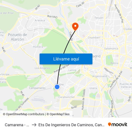 Camarena - Ocaña to Ets De Ingenieros De Caminos, Canales Y Puertos map