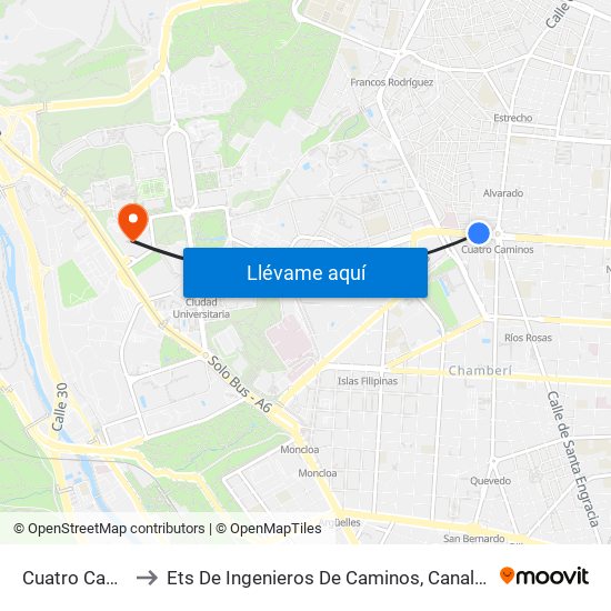 Cuatro Caminos to Ets De Ingenieros De Caminos, Canales Y Puertos map