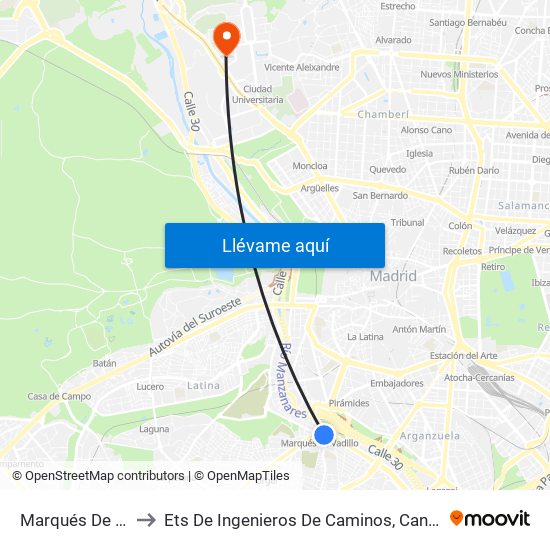 Marqués De Vadillo to Ets De Ingenieros De Caminos, Canales Y Puertos map