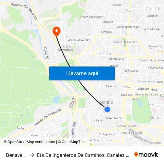 Benavente to Ets De Ingenieros De Caminos, Canales Y Puertos map