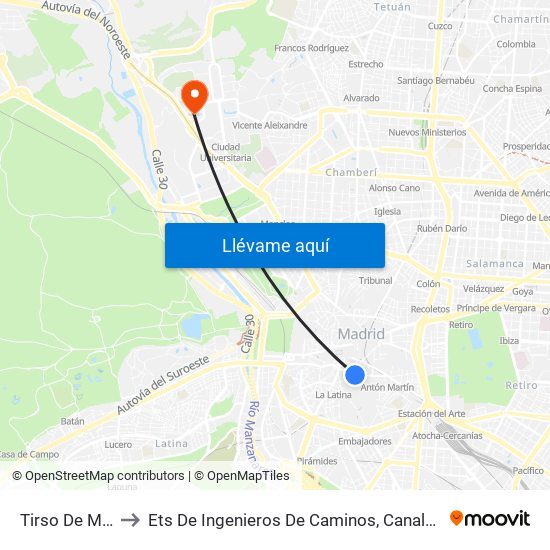 Tirso De Molina to Ets De Ingenieros De Caminos, Canales Y Puertos map
